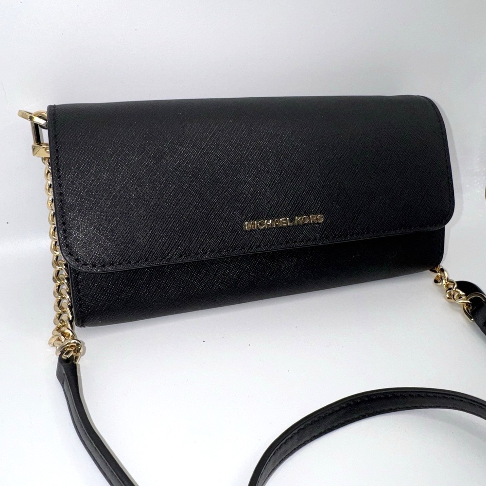 Michael Kors Jet Set Large Wallet On Chain Xbody Leather Black